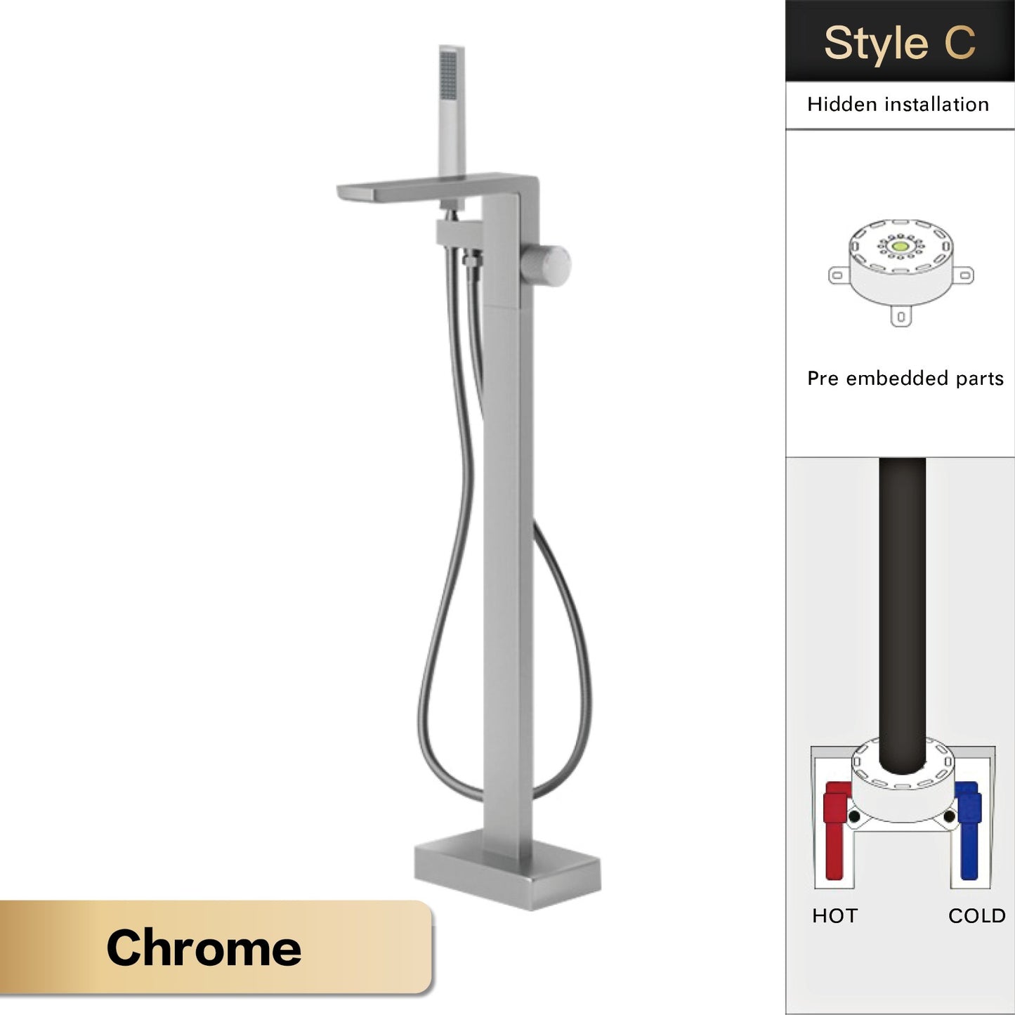 Luxury Black Brass Bathroom Faucet Floor standing Design Single Handle Hot and Cold Water Embedded Design Simple Bathtub Mixer