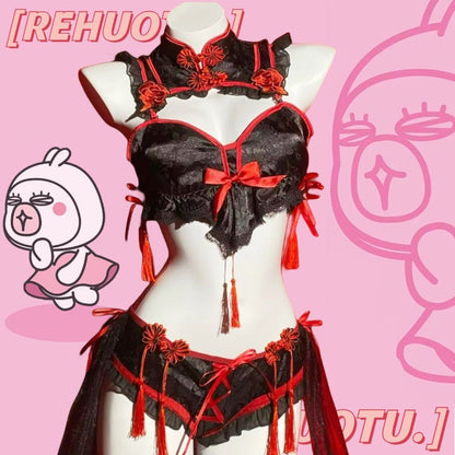 Gothic Vintage Cheongsam Lingerie Dress Maid Cosplay Uniform Lolita Lace Embroidery Underwear Set Sexy Halloween Sweet Costume