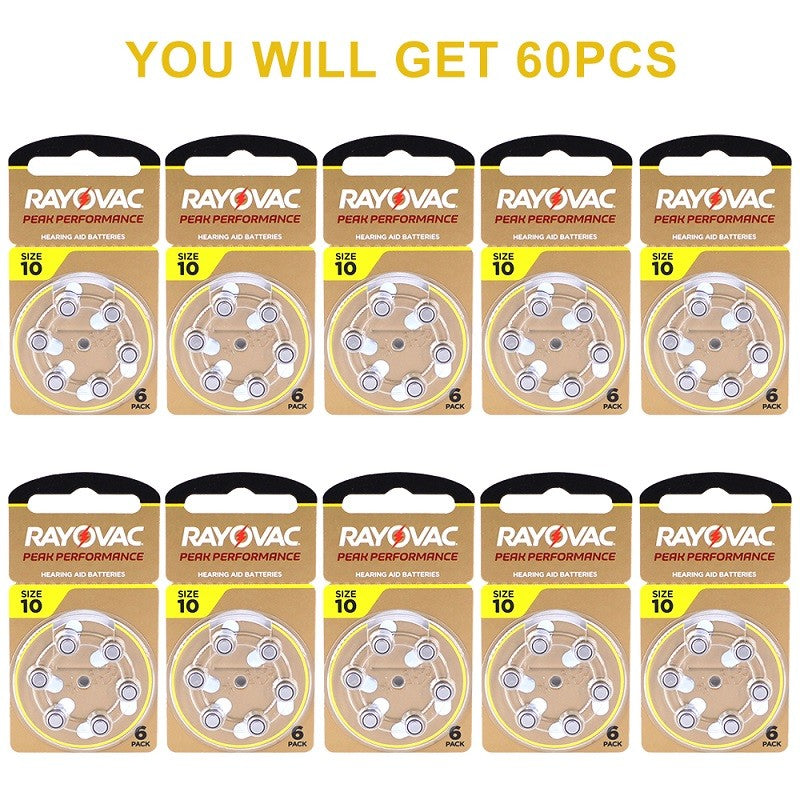 60Pcs Hearing Aid Batteries 10 A10 ZA10 10A P10 PR70 Rayovac Peak High Performance Zinc Air Battery For Mini Digital Hearing Aid
