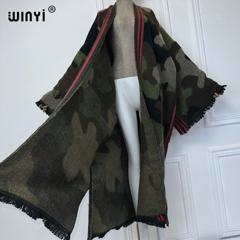 WINYI camouflage colour African women winter kimono long sleeve OverCoat abaya dubai luxury Open Front Long Cardigan party dress