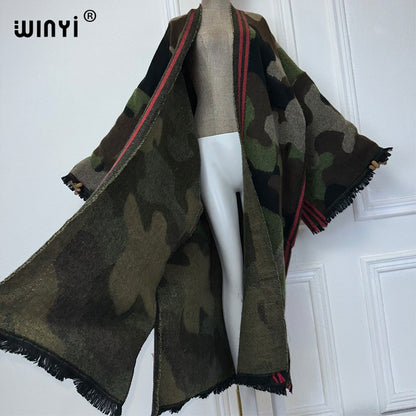 WINYI camouflage colour African women winter kimono long sleeve OverCoat abaya dubai luxury Open Front Long Cardigan party dress