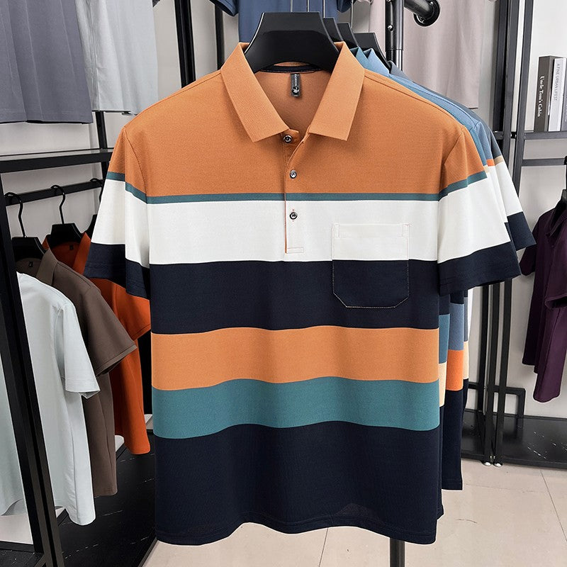 High-quality short sleeve polo shirt men fashion color striped pocket design summer new breathable trendy casual lapel T-shirt