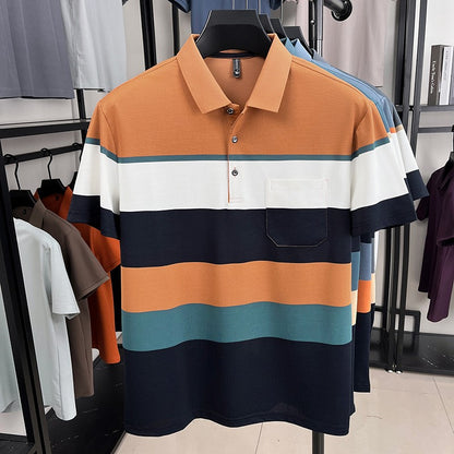 High-quality short sleeve polo shirt men fashion color striped pocket design summer new breathable trendy casual lapel T-shirt