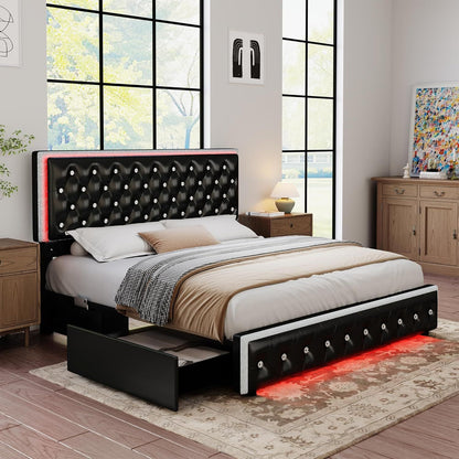 LED Bed Frame with 2 Drawers, PU Leather Platform Bed with Diamond Tufted Headboard Footboard and 2 Side Pockets, M