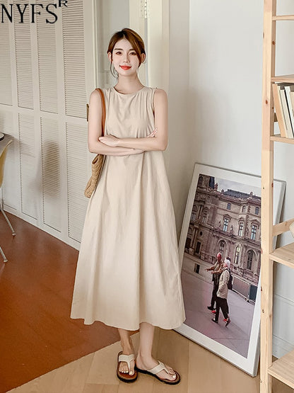 NYFS 2025 Summer New Korea Woman Dress Vestidos Robe Elbise Loose Plus Size Solid Sleeveless Backless Long Dress L-4XL