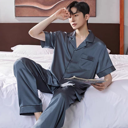 New Ice Silk Pajamas, Men's Summer Short-Sleeved Trousers, Thin High-End Simulated Silk Plus-Size Loose Loungewear Two-Piece Set
