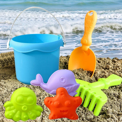Beach Toy Set for Kids Plastic Sand Play Set with Bucket, Shovels, Molds Sea Creature Molds, Smooth Edges, Bright Colors