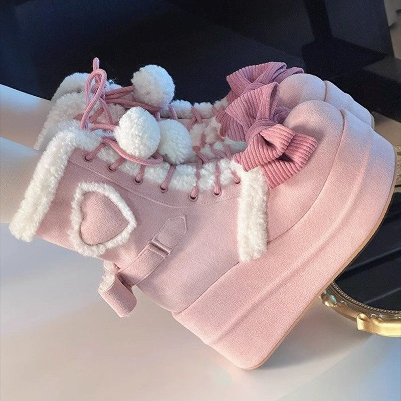 Sweet Winter Girls Lolita Mid-Calf Snow Boots,Cute Female Students Plush Warm Bowknots Lace Up Wedge Heel Heightening Shoes