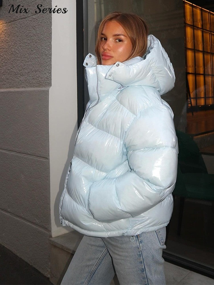 Fashion Glossy Padded Jacket Women's Solid Turtleneck Long Sleeve Warm Down Coat 2025 Autumn Winter New Lady Casual Outerwear