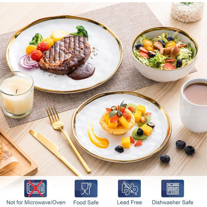 16 Pieces Plates and Bowls Sets Porcelain White and Gold Dinnerware Sets Round Dinner Plates Dishes Set Service for 4 Dishwashe