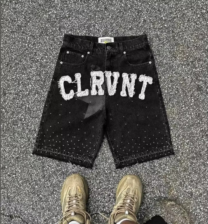 Empyre new gray denim skateboard shorts cartoon embroidery design loose jeans wide leg pants hip hop street Y2K couple pants