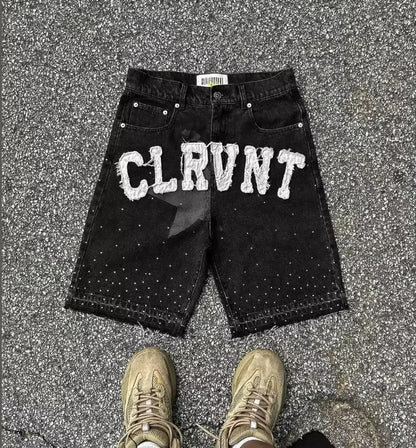 Empyre new gray denim skateboard shorts cartoon embroidery design loose jeans wide leg pants hip hop street Y2K couple pants