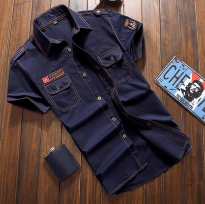 Summer Cotton Tactical Cargo Shirt Mens Multi Pocket Badge Embroidered Combats Tops Casual Breathable Tooling Chemise Homme