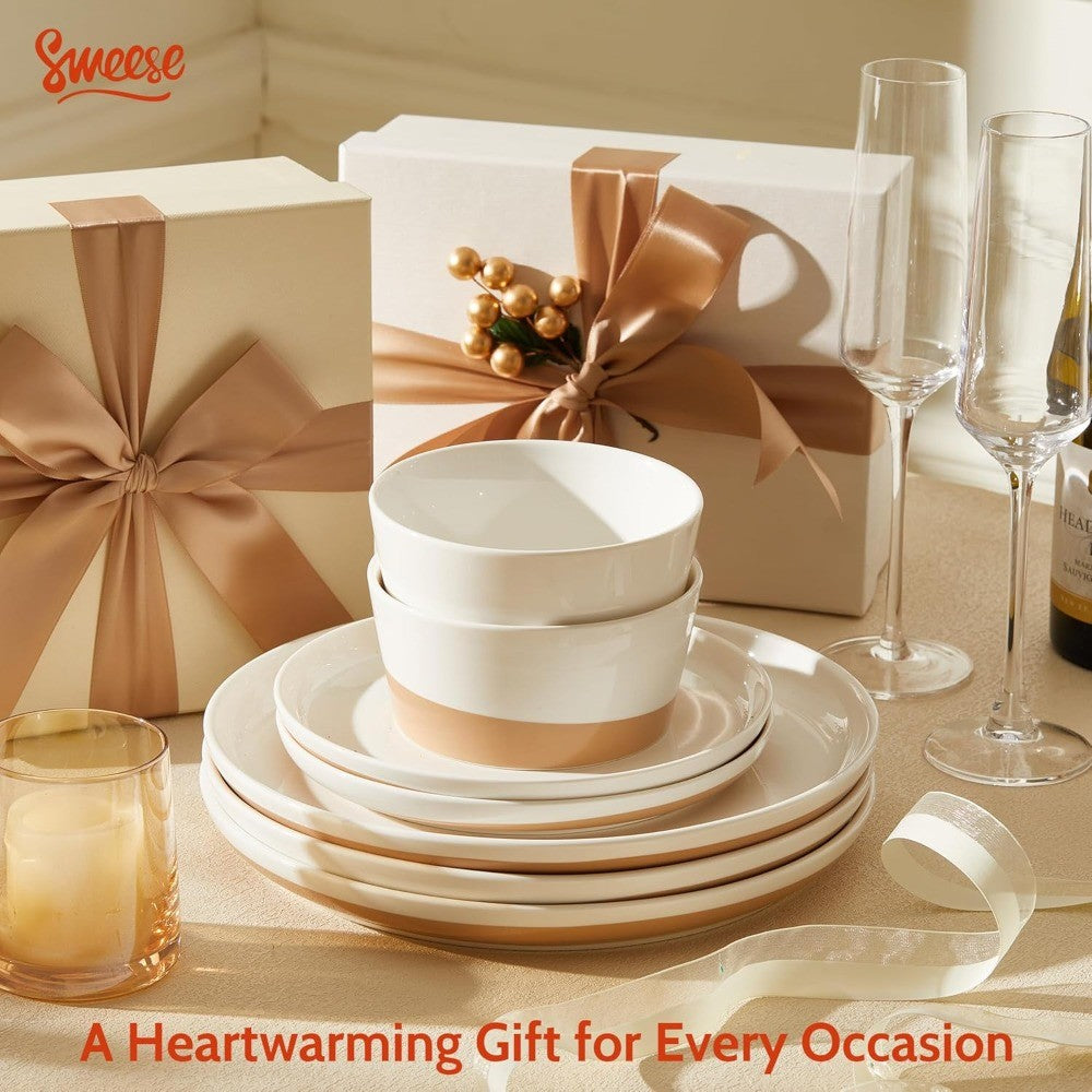 Sweese 18 Pieces Porcelain Dinnerware Set, Modern Dish Set for 6, Hand Painted Kitchen Plates and Bowls Sets, Scratch Resistant