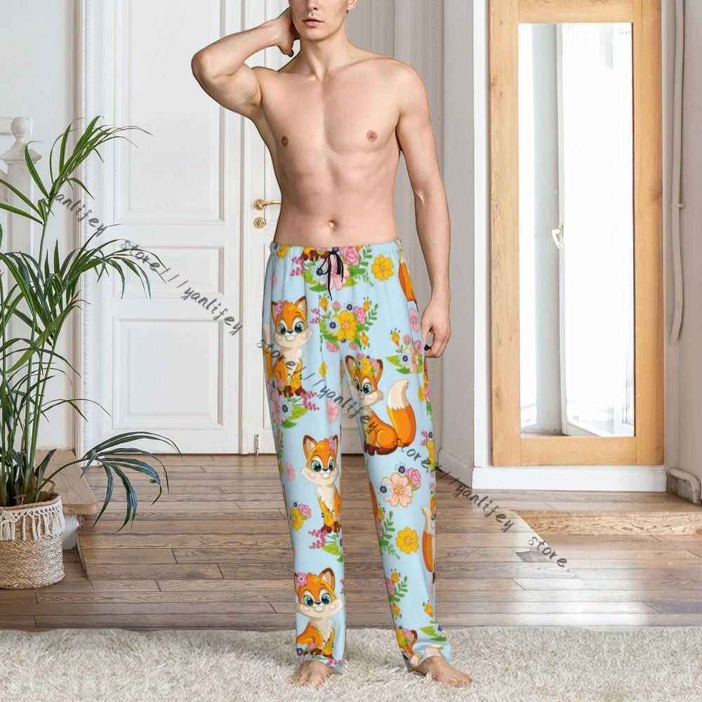 Men's Sleepwear Loose Sleep Pants Pajamas Cute Fox Background Long Lounge Bottoms Casual Homewear