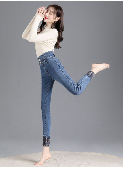 High Waist Slim Fit Fleece Lined Thickened Pencil Long Jeans Women's Autumn Winter New Style Fashionable And Elegant