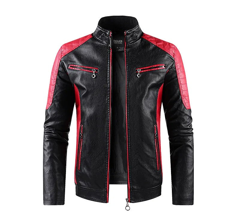 Aviator Full Zip Outerwear Men's Stand Collar Leather Jacket Fall Trendy Color Coats Block Motor Biker Jacket Classic Jacket