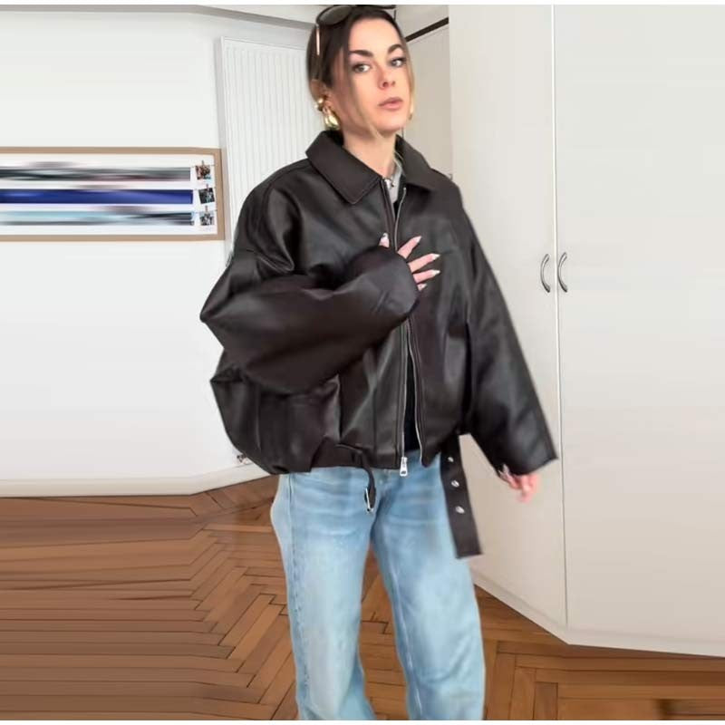 Vintage PU Leather Bomber Jackets 2025 Autumn New Ladies Zipper Lapel Long Sleeve Pocket Coat With Belt Women's Loose Streetwear