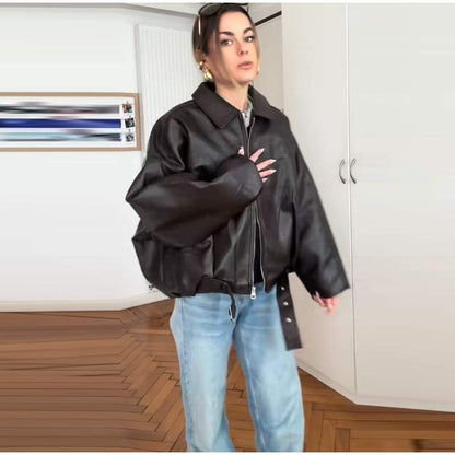 Vintage PU Leather Bomber Jackets 2025 Autumn New Ladies Zipper Lapel Long Sleeve Pocket Coat With Belt Women's Loose Streetwear