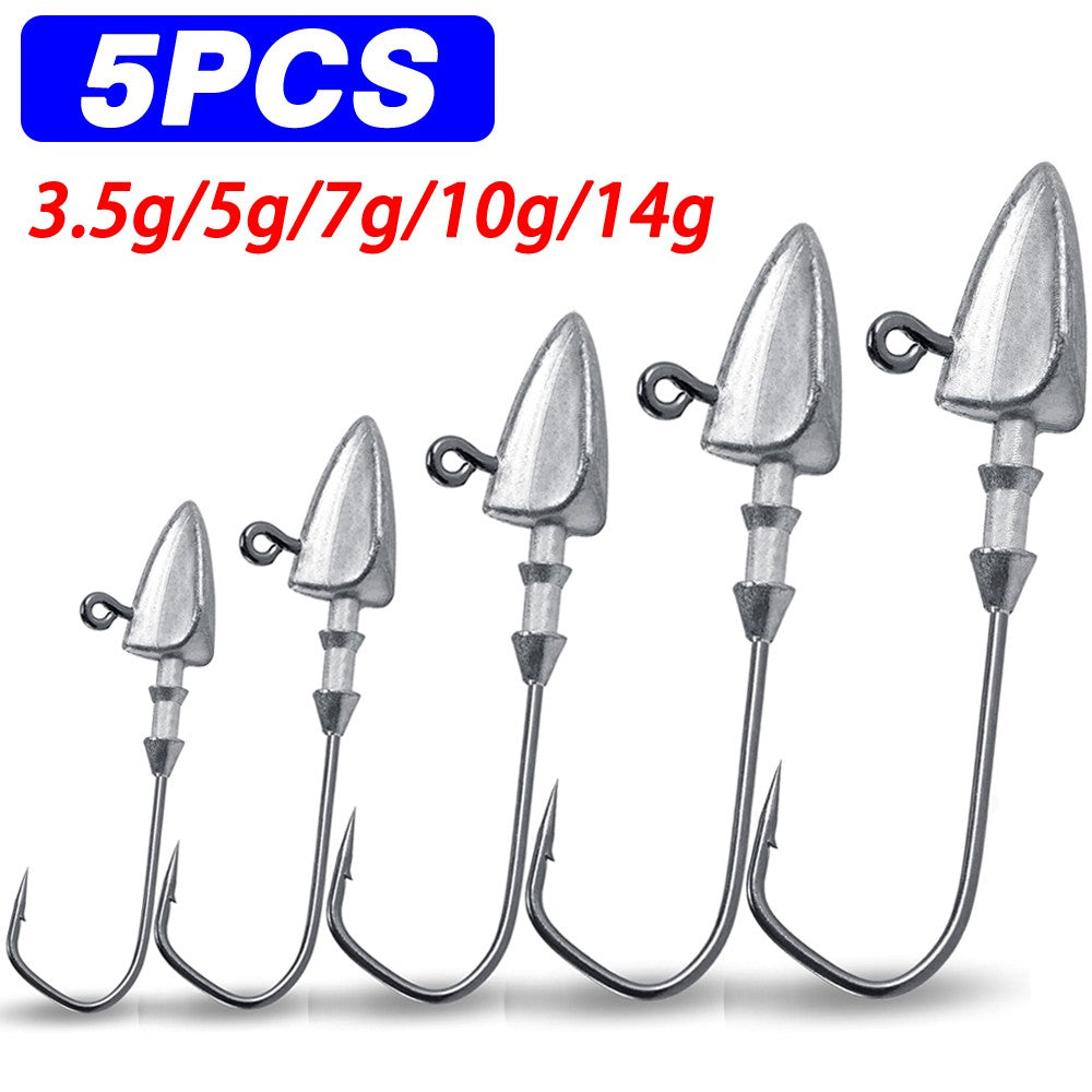 5 anzóis com cabeça triangular 3,5g 5g 7g 10g 21g 35g Anzol tipo barco Equipamento de pesca Texas Rig Pesca Chumbada Pesca Isca Artificial