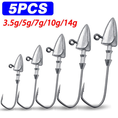 5 anzóis com cabeça triangular 3,5g 5g 7g 10g 21g 35g Anzol tipo barco Equipamento de pesca Texas Rig Pesca Chumbada Pesca Isca Artificial