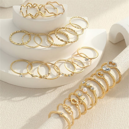 Conjunto de Anéis Articulados de Onda Simples de Moda para Mulheres Anel Feminino de Cor Ouro Prata em Formato de Coração de Cristal Joias de Festa