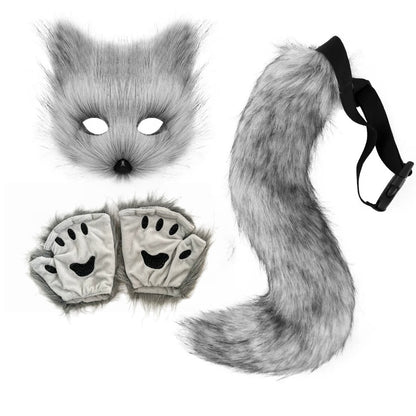 Costume Set Fox Tail Ears Gloves Artificial Fur Boot Covers Cosplay Halloween Prop Adult Women Men Unisex