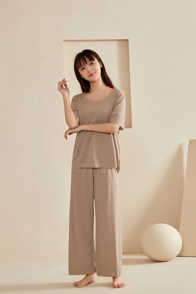 Super Thin Pajamas Suit Women Men Summer Ice Silk Cool Short-sleeved O-Neck Sleepwear Male Female Classic Simple Loungewear Suit