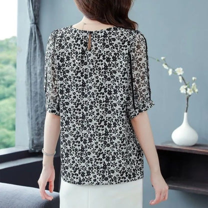 Women Summer Style Chiffon Blouses Shirts Lady Casual Short Puff Sleeve O-Neck Flower Printed Blusas Tops