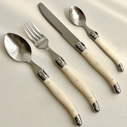 Conjunto 6 Peças Talheres Laguiole Branco Prata Facas Garfos Colheres Bife Conjunto Polimento Espelhado Coleção Inox Talheres Natal Colher de Chá