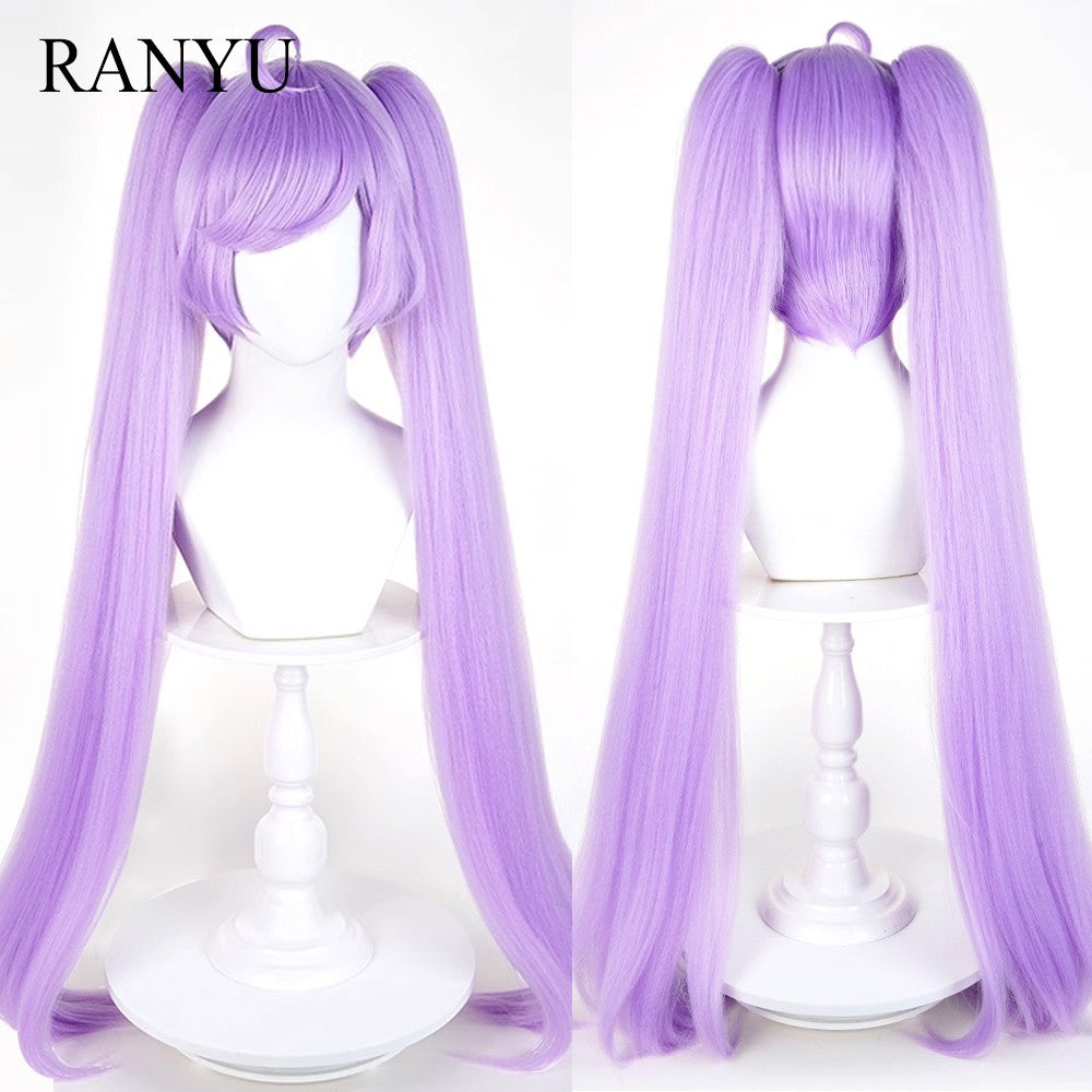Peruca Roxa Longa Reta Sintética com Duas Marias e Franja, para Cosplay de Anime e Jogos, Peruca Fofa para Festas Diárias