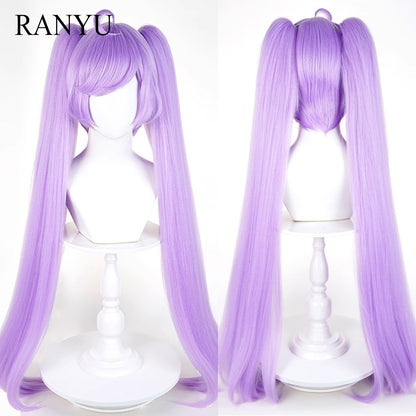 Peruca Roxa Longa Reta Sintética com Duas Marias e Franja, para Cosplay de Anime e Jogos, Peruca Fofa para Festas Diárias