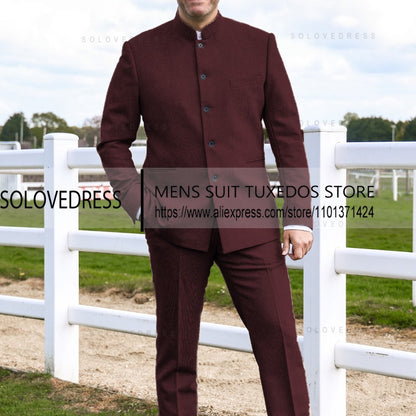 2 Pieces Men's Suits  Herringbone Tweed Stand Collar Single Breasted  Groomsmen Wedding Suits Men suits ?Blazer+Pants?