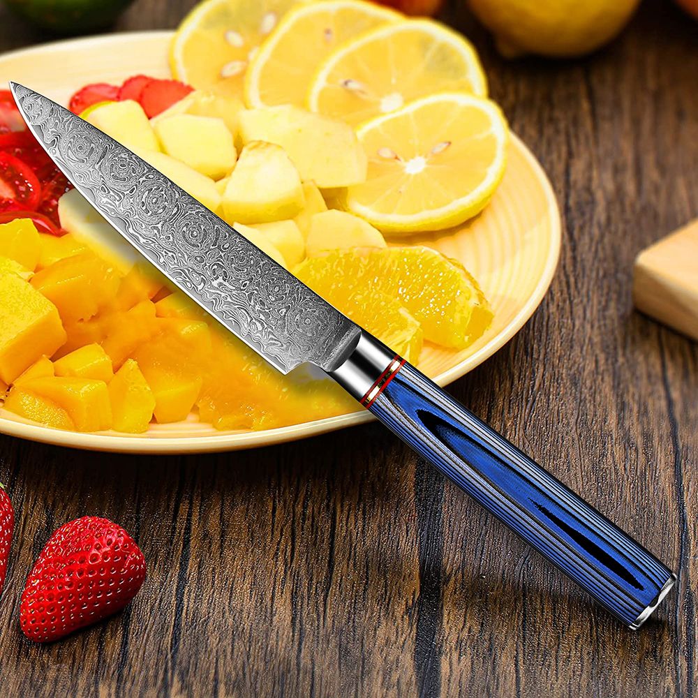 Conjunto de Facas de Cozinha 1-7 Peças, Aço Damasco Ultra Afiado para Chefe, Pão, Santoku, Desossar, Utilitárias, Lâmina com Padrão de Rosa Cabo G10 Azul