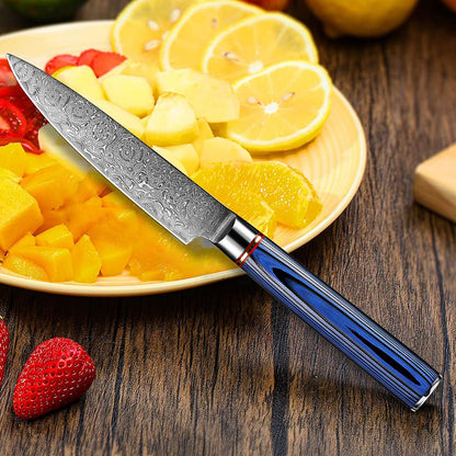 Conjunto de Facas de Cozinha 1-7 Peças, Aço Damasco Ultra Afiado para Chefe, Pão, Santoku, Desossar, Utilitárias, Lâmina com Padrão de Rosa Cabo G10 Azul
