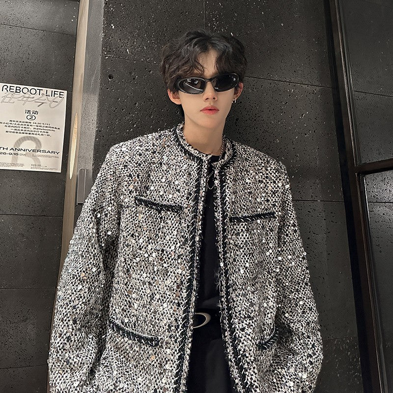 Korean Fashion Shiny Sequin Jacket Sliver Round Collar Long Sleeve Jackets Coats Autumn New Ladies Gentleman High Street