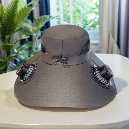 Wide Brim Solar Fan Hat Sun Bucket Hat UV Protection Fishing Hat with 2 Removable Fan Sun Visor Hat for Men Women Fishing