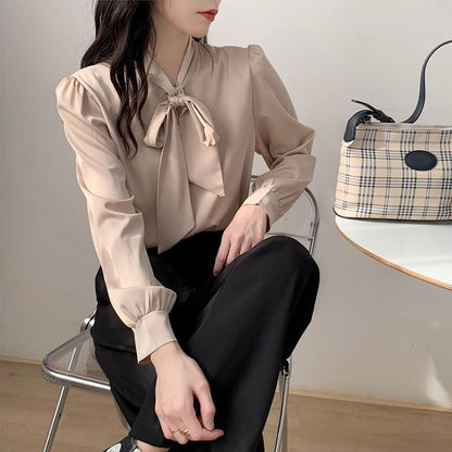 Bow Tie Chiffon Shirts Casual Long Sleeve White Blouse Women's Elegant Business Loose Blouses Ladies Spring and Autumn Chic Tops