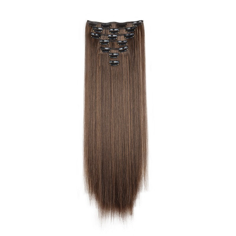 Aplique de Cabelo Sintético Liso Longo 24 Polegadas 7 Peças/Conjunto 16 Clipes Penteado Preto Loiro Extensões de Cabelo