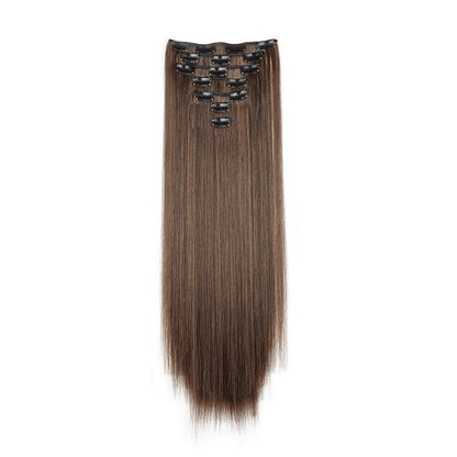 Aplique de Cabelo Sintético Liso Longo 24 Polegadas 7 Peças/Conjunto 16 Clipes Penteado Preto Loiro Extensões de Cabelo