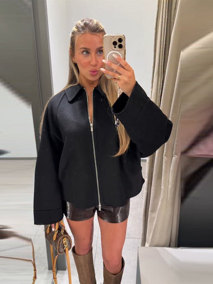 Woolen Zipper Loose Short Jacket Women Long Sleeve Lapel Solid 2025 Autumn Winter Commute Coat Street Office Warm Ladies Outwear