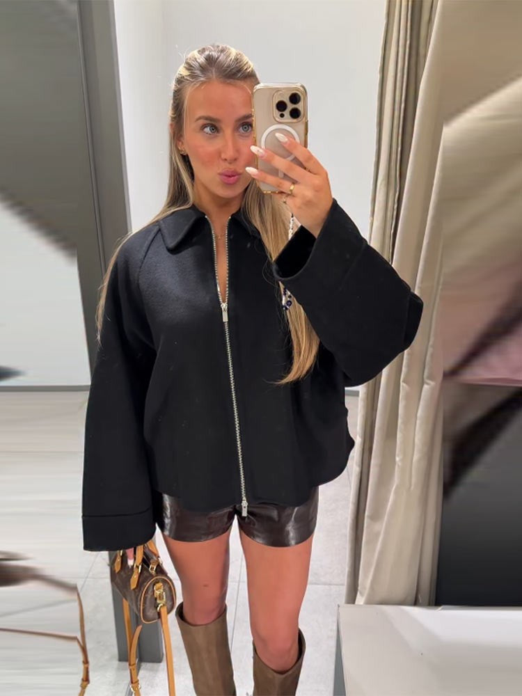 Woolen Zipper Loose Short Jacket Women Long Sleeve Lapel Solid 2025 Autumn Winter Commute Coat Street Office Warm Ladies Outwear