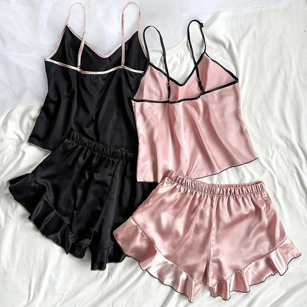 Women's Smooth Satin Pajamas V-Neck Top Ruffled Edges and Bow Shorts Simple and Breathable Pajama Set Sling Home Clothing