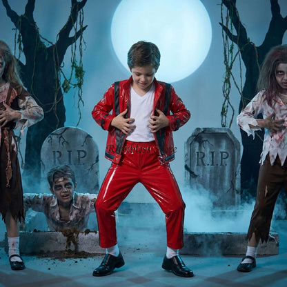 Red Jackets for Michael Jackson Cos Dancing Clothes Children Kids Halloween Purim MJ Dancer King Cos Performance Suits