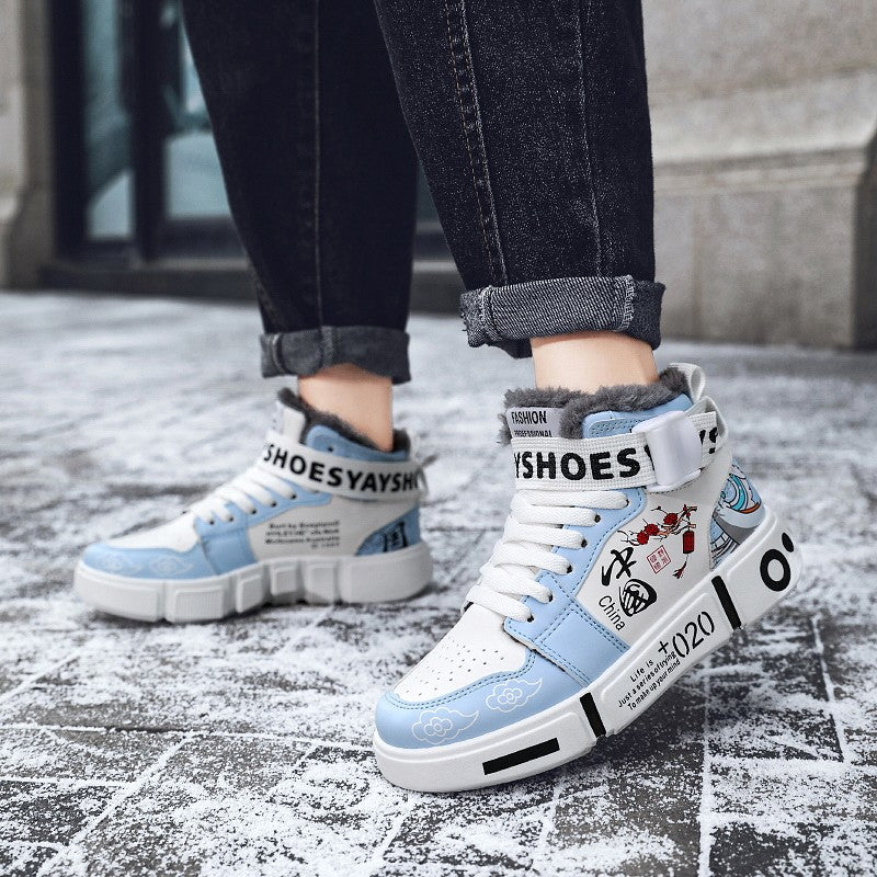 Mens Board Shoes 2025 Winter New High Top Winter Warm Casual Sports Shoes Flat Cotton Comfortable Outdoor Walking Shoes for Men