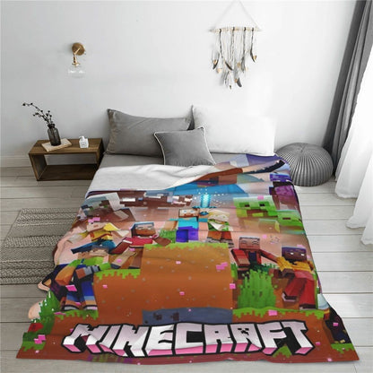Cartoon Mines Pixel Game Crafts Flannel Blanket Super Warm Throw Blanket for Home Decor Decorative Street Trend Bedspread