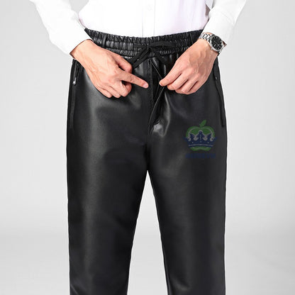 OUSSYU Brand High Quality Winter Outdoors Fleece Warm Pants Men Zippered Pocket Business Straight Flocking PU Trousers Plus Size