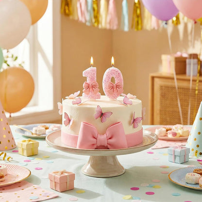 Pink Bow Number Candle Glitter Candle Cake Topper 0-9 for Birthday Anniversary Party Cake Decoration Gifts