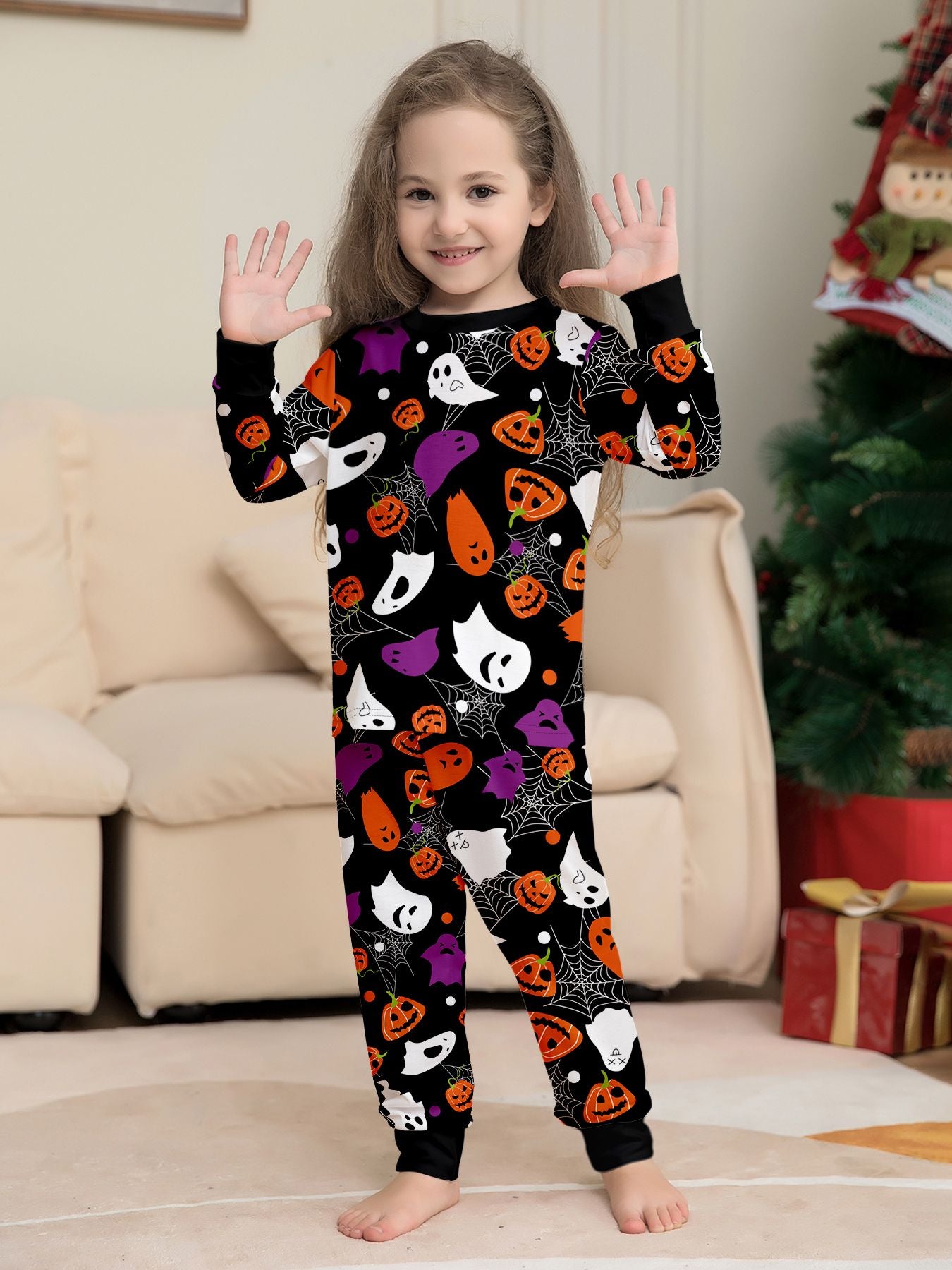 Kids Halloween Pajamas Set - All - Over Colorful Pumpkin & Ghost Print Sleepwear