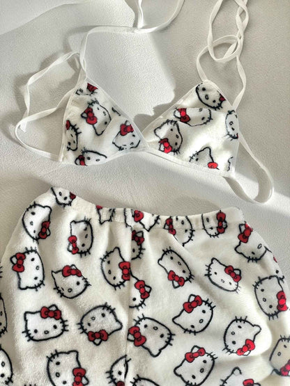 2Pcs/Set Sanrio Hello Kitty Y2K Cartoon Pajama Set Anime Womens‘s Home Wear Casual Summer Beachwear